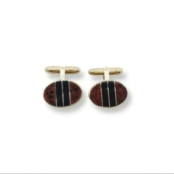 𝅺STYLISH Mod 1960s Vintage Burl Wood Look and Onyx Inlay Cufflinks.​ - Picture 4 of 10